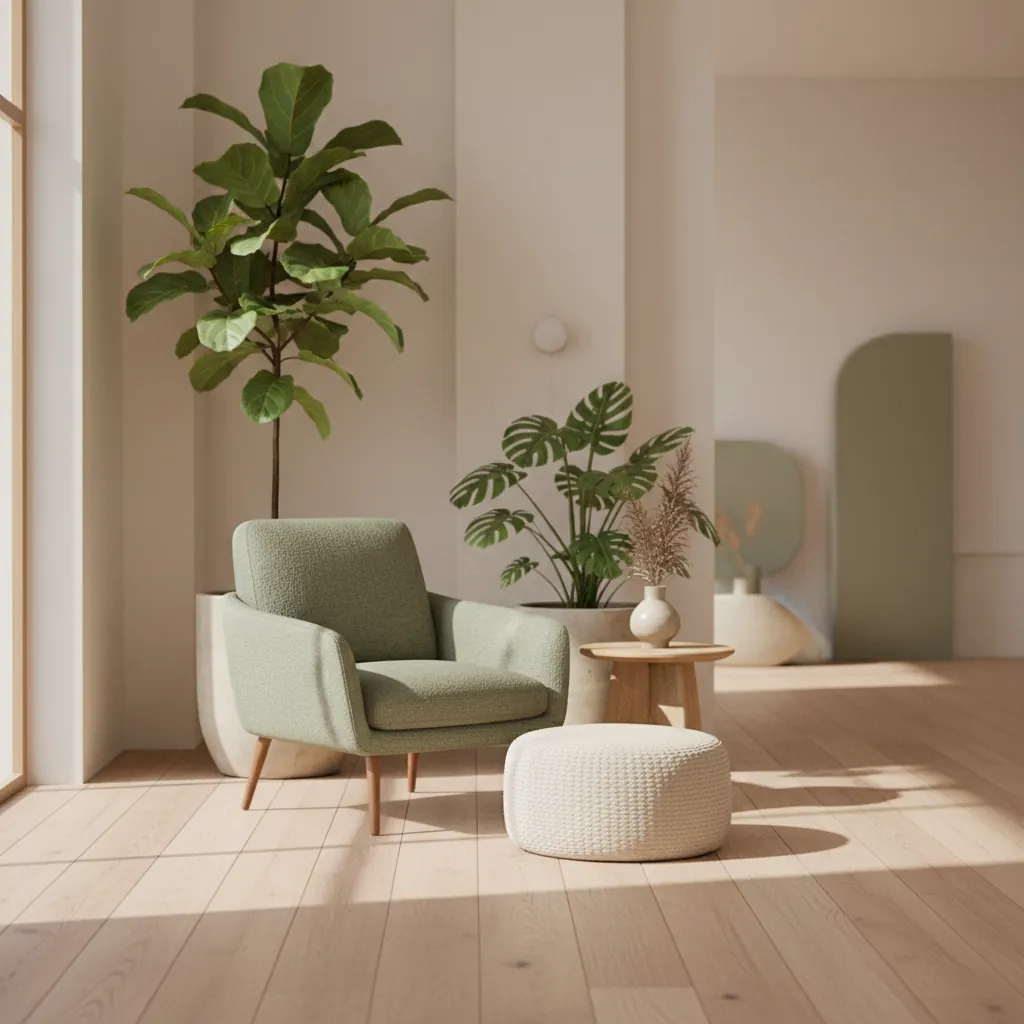 Een rustige werkruimte met een notitieboek, potlood en een klein plantje op een licht houten bureau