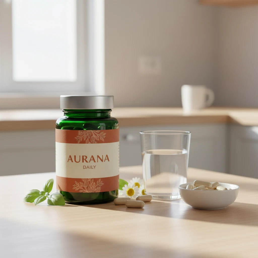 Aurana Daily pot naast een glas water en een schaaltje amandelen op een lichte keukenondergrond
